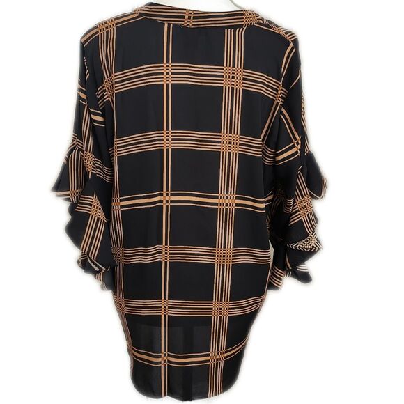 Vince Camuto black & tan plaid ruffle sleeve blouse, v-neck, M - Picture 3 of 7